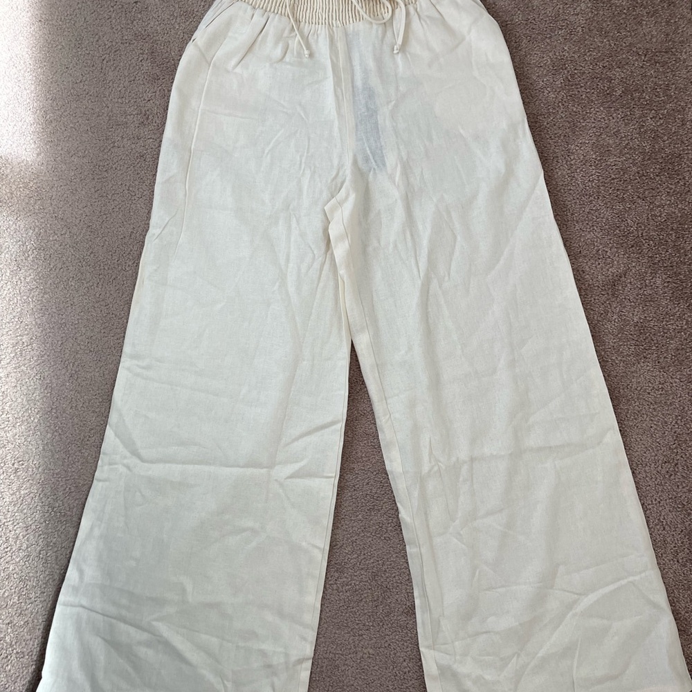 Revolve Krisa Linen Wide Leg Pant in Shell Size Small